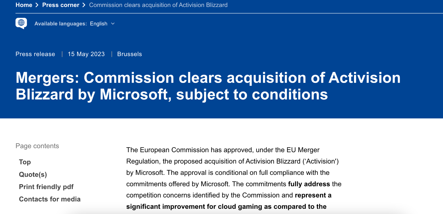 欧盟委员会官网公告 批准微软暴雪收购案