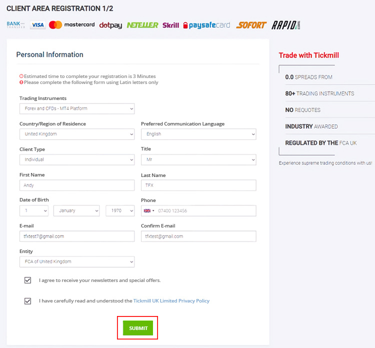 Tickmill账户注册第三步