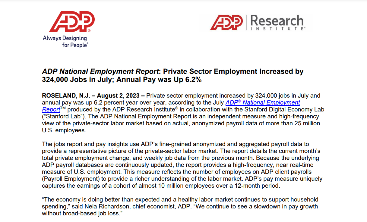 美国7月ADP就业数据