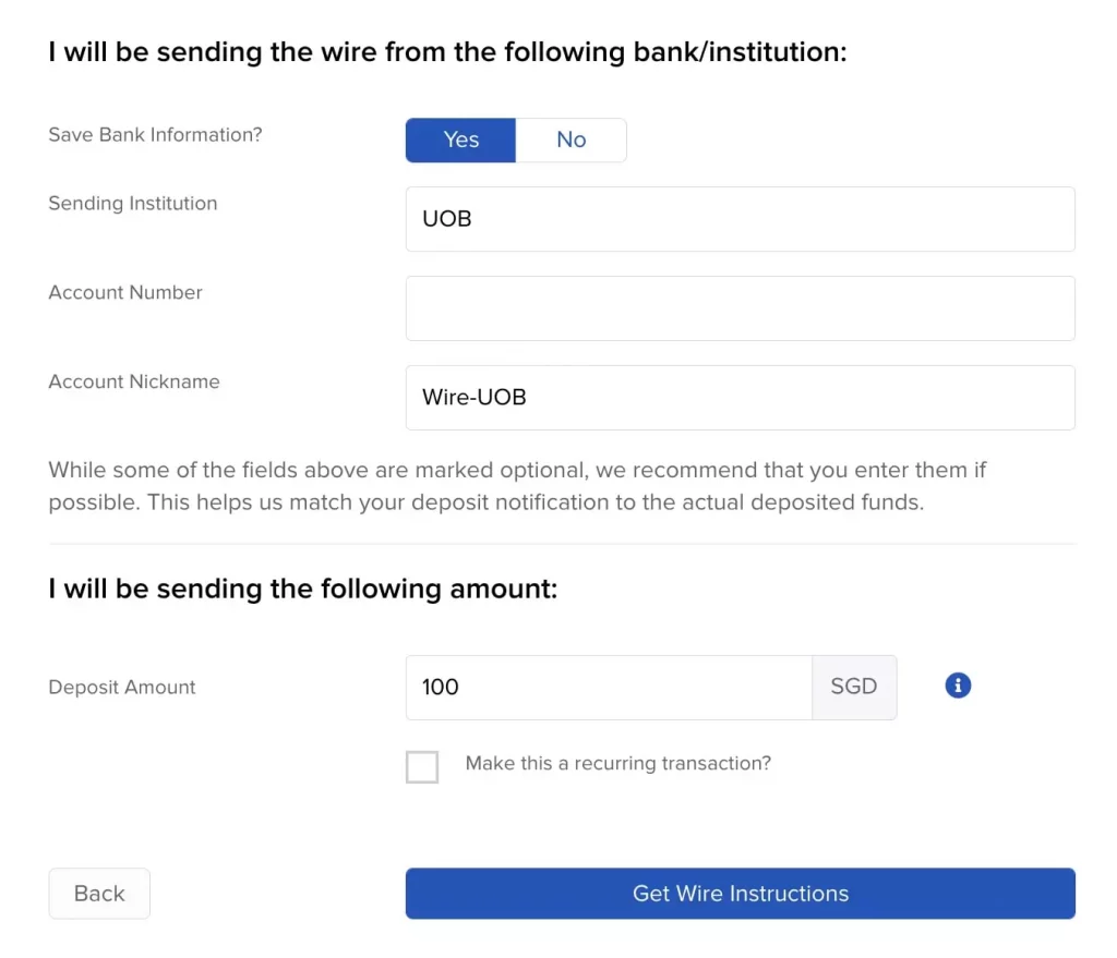 Interactive Brokers新加坡银行入金第二步02_填写本次电汇所使用的新加坡银行信息