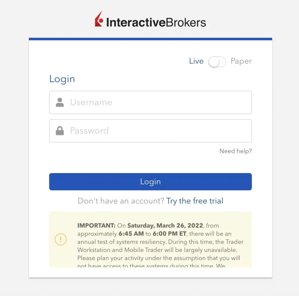 登录您的 Interactive Brokers 真实或虚拟账户。