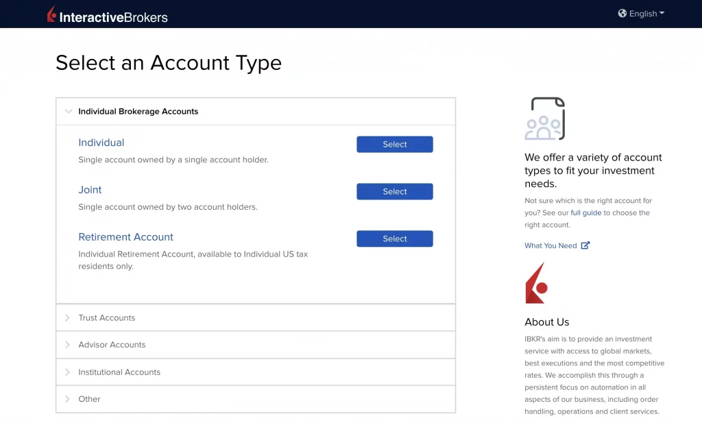 IBKR开户第四步02_选择要开设的证券账号类型，开始申请