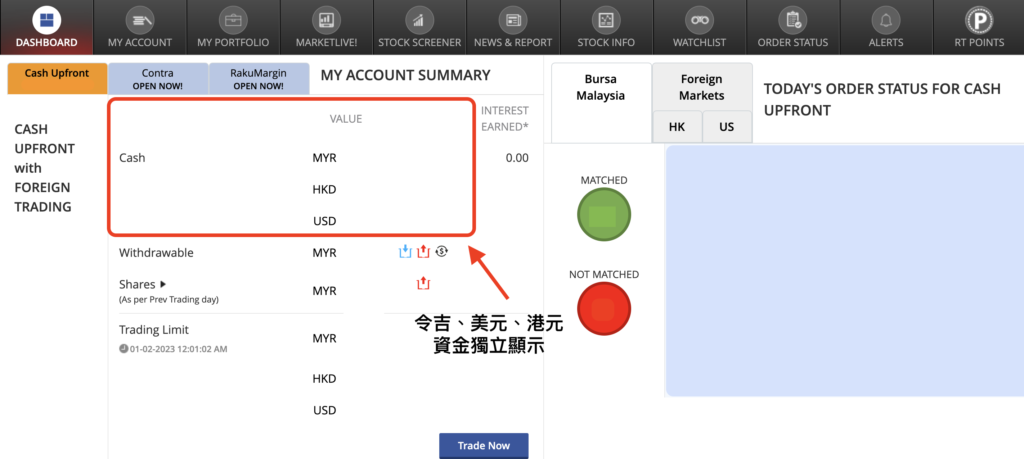 Rakuten Trade 资金独立显示