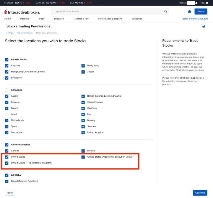 第四步：在交易股票地区选择里，打勾「United States」、「United States（Algorithmic Execution Venue）」和「United States（T+1 Settlement Program）」