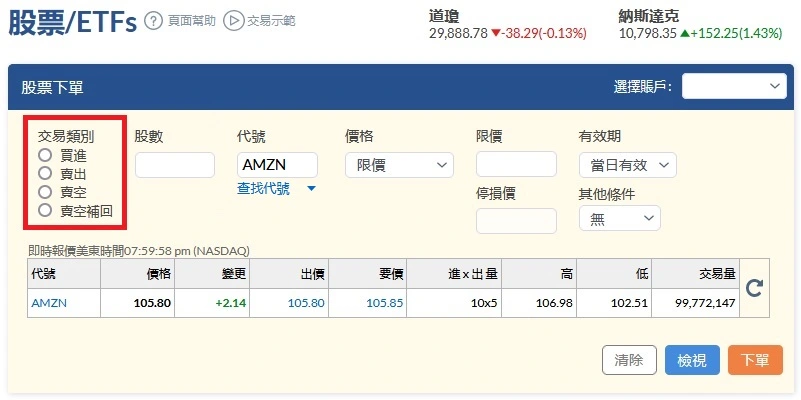 第二步：选择交易方向：买进、卖出、卖空、卖空补回