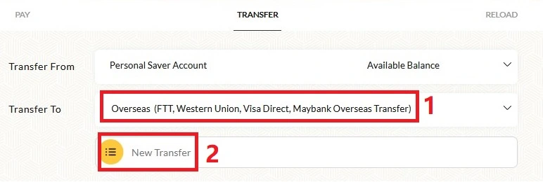 选择转账户口（Transfer From）后，接着选择外国电汇（Transfer To：Oversea），并点击「New Transfer」。