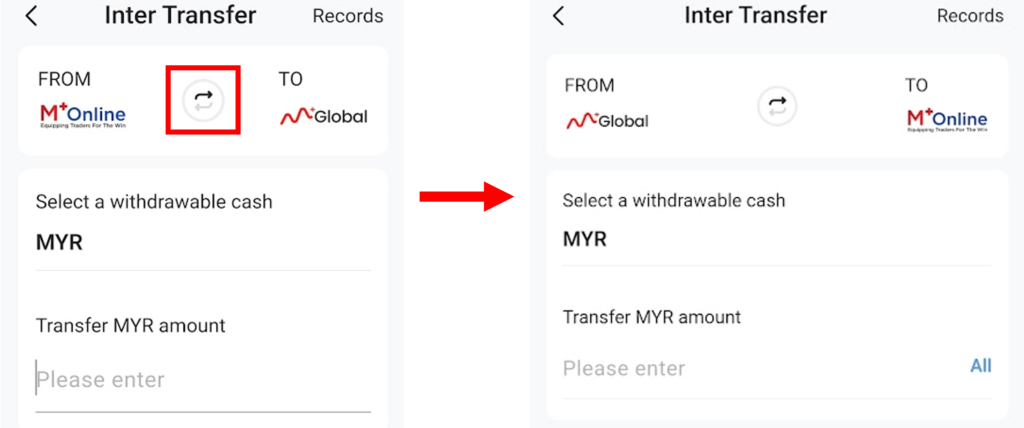 如果您想从M+ Global转移资金到M+ Online，点击中间的箭头，换成「从M+ Global ➡M+ Online」，再输入互转金额，提交资金互转申请。