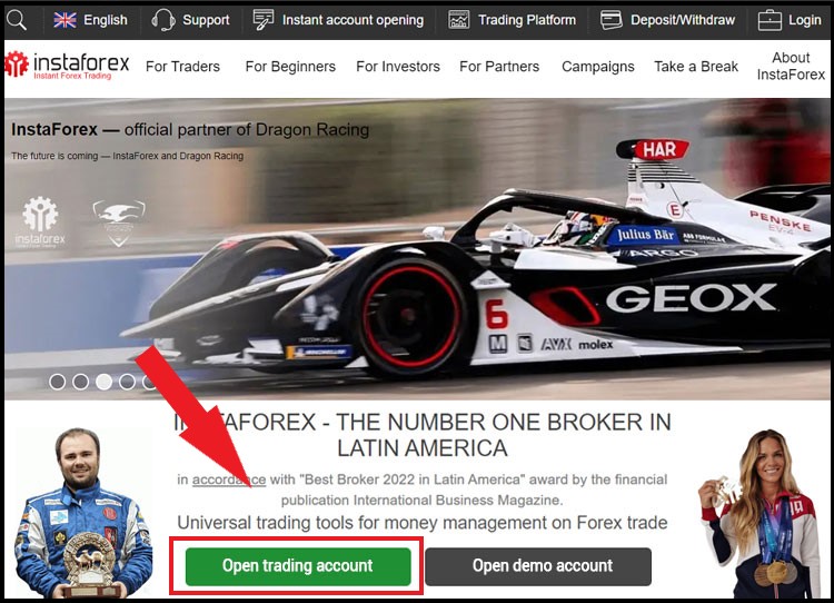 ① 访问InstaForex网站，点击 "开设交易账户"。