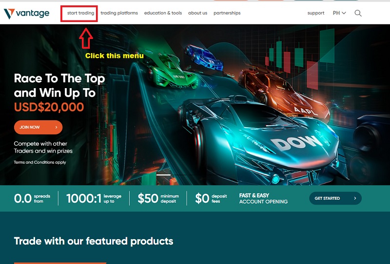 访问 Vantage 官方网站，查看上角菜单，然后点击 "开始交易"。