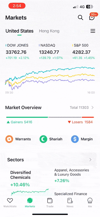 「Markets」页面-在个股资讯点击「❤️+」