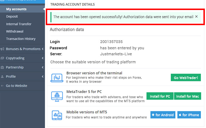 JustMarkets Account Registration