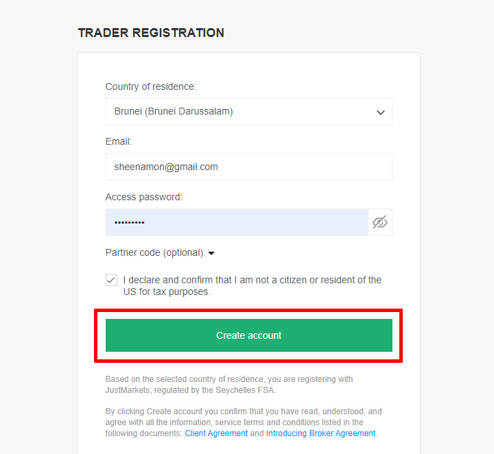 JustMarkets Account Registration