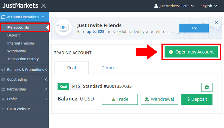 JustMarkets Account Registration