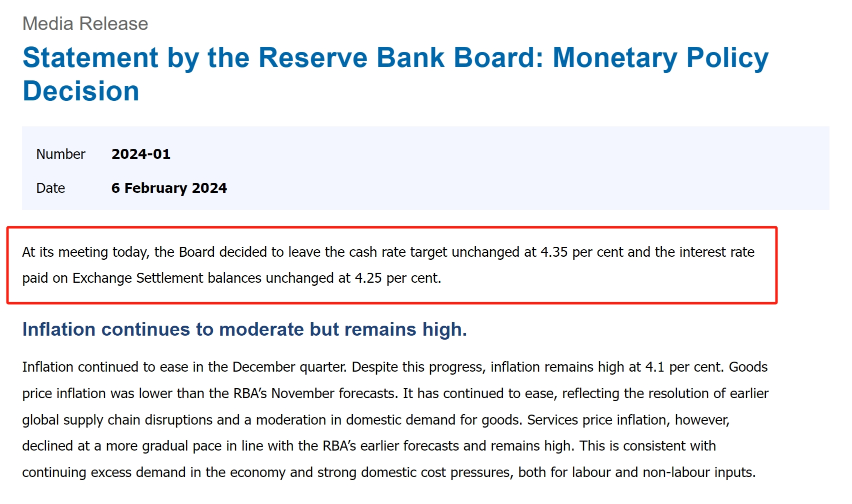 澳洲联储2024年2月利率决议：维持利率不变 不排除进一步加息