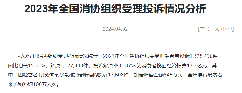 《2023年全国消协组织受理投诉情况分析》