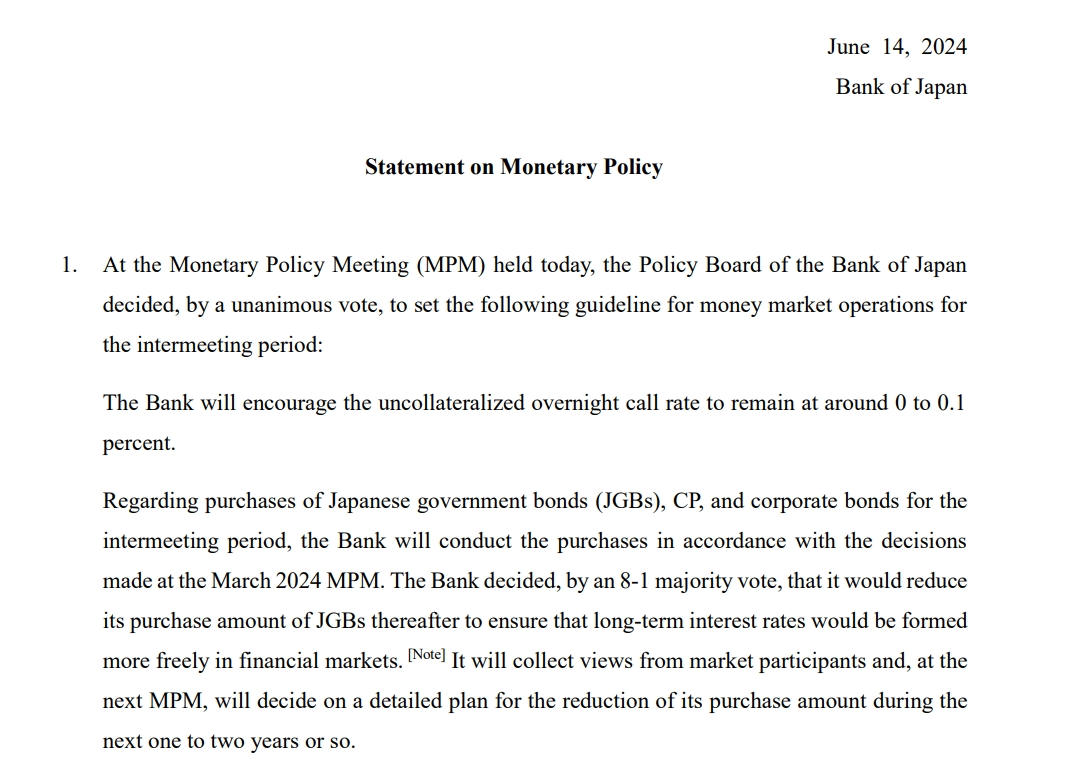 日央行2024年6月利率决议：利率不变 减少购债规模仍未确定