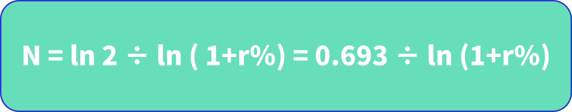 N = ln 2 ÷ ln ( 1+r％) = 0.693 ÷ ln (1+r％)