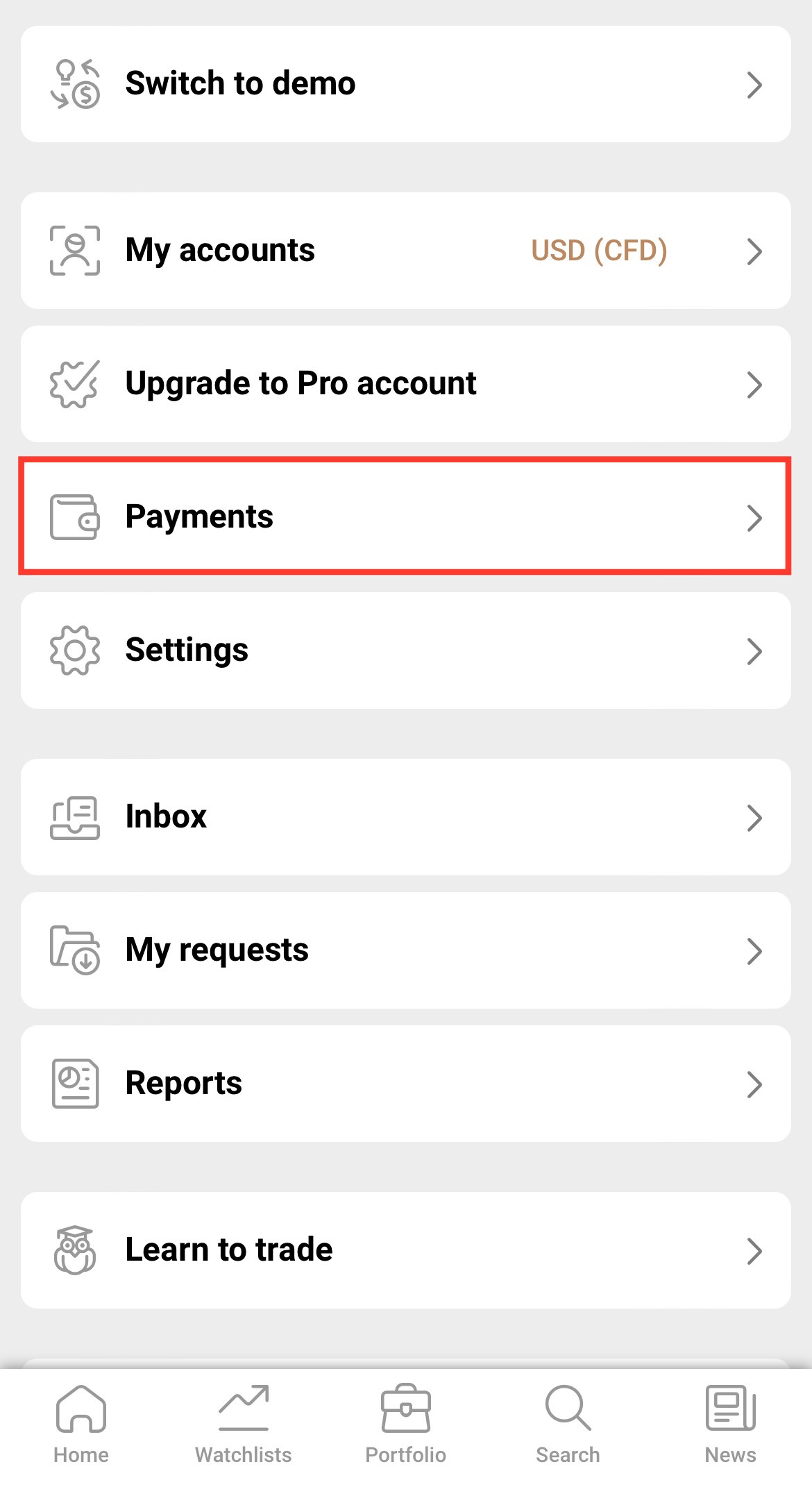 Select “Payments” within the account page.