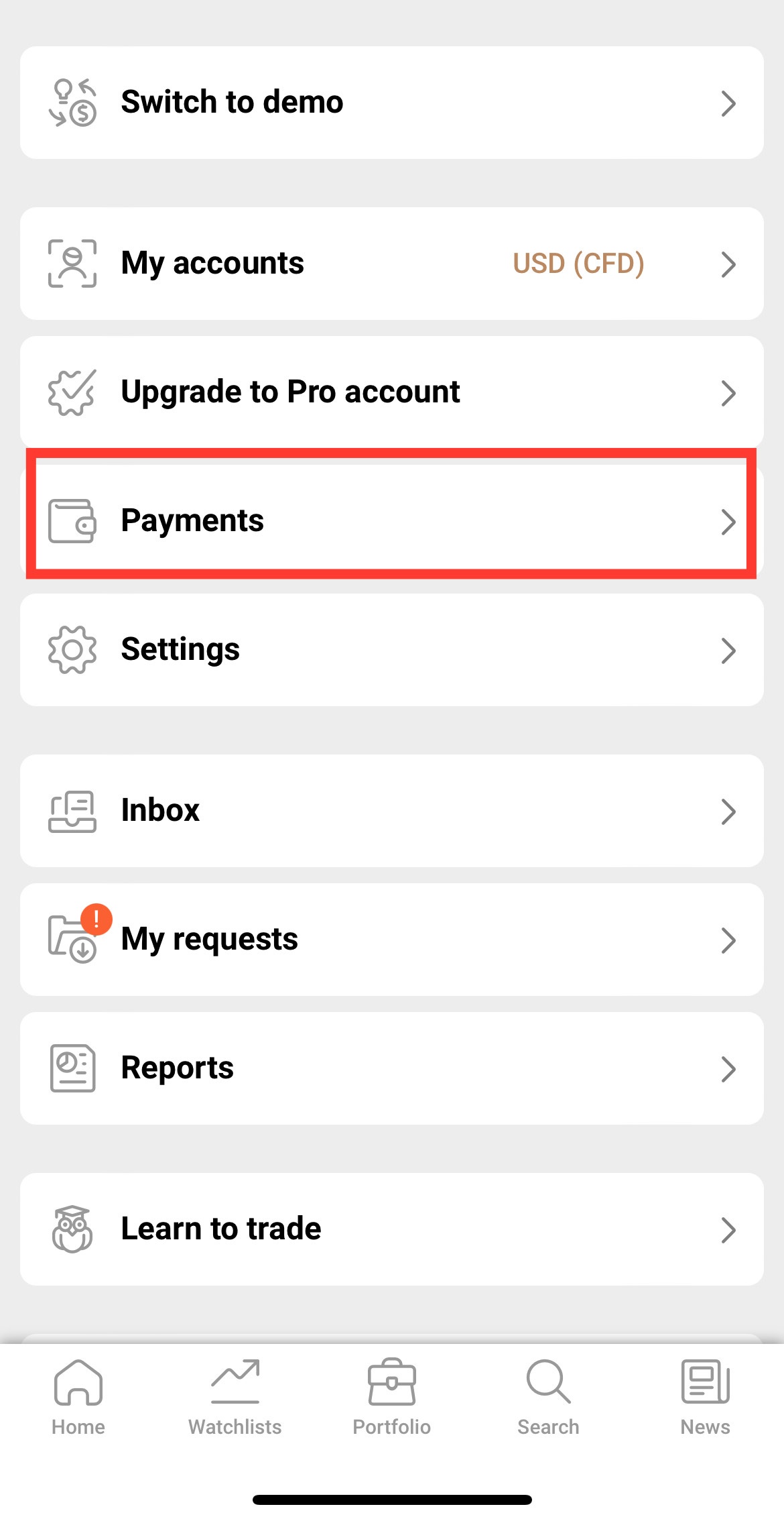 Select “Payments” within the account page.