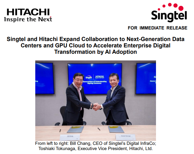 Singtel and Hitachi Deepen Cooperation Targeting Next-Generation Data Centre and GPU Cloud