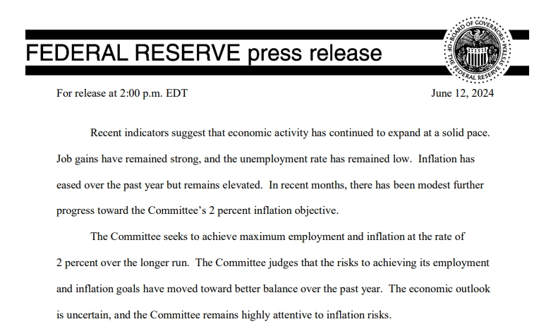 美联储2024年6月利率决议：纵使他人降息，我自岿然不动