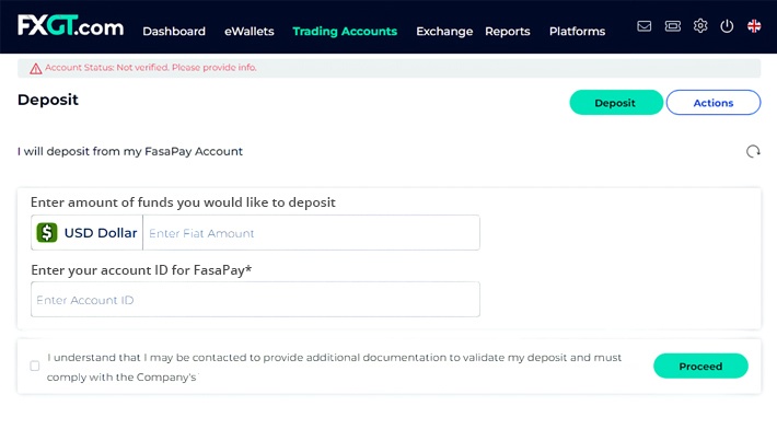 Depending on the selected deposit method, fill in the relevant deposit details such as amount, account information, etc.