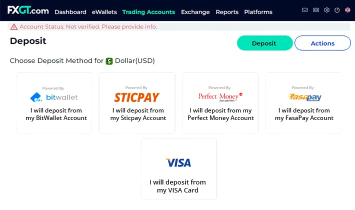 FXGT supports various deposit methods including bank transfers, credit cards, and e-wallets. 