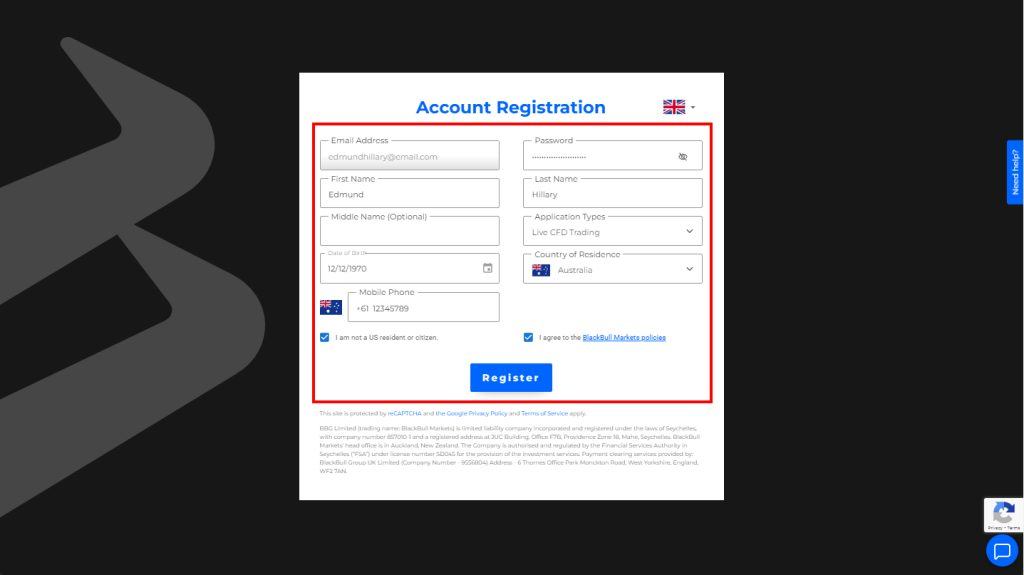 Step 2: Enter personal information and set a password for your BlackBull Markets account.