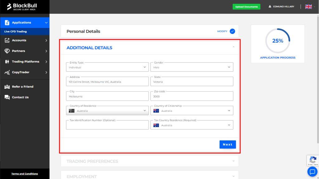 Step 3: Fill in account type details and your address.