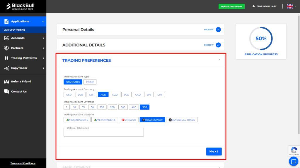 Step 4: Choose the conditions for your first trading account, whether Standard or Prime.