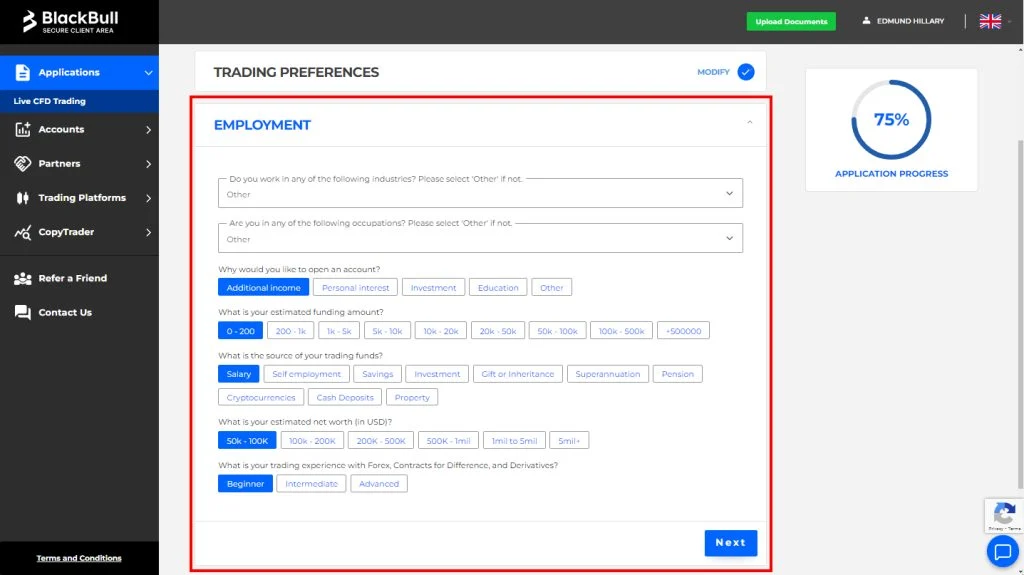 Step 5: Provide employment information and source of funds.