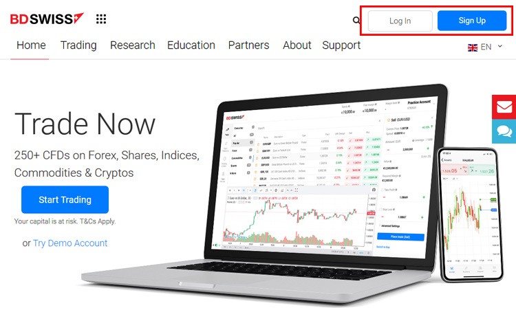 Go to the BDSwiss website and click "Sign Up" in the top right corner