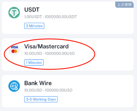 选择入金方式Visa/Mastercard 支付