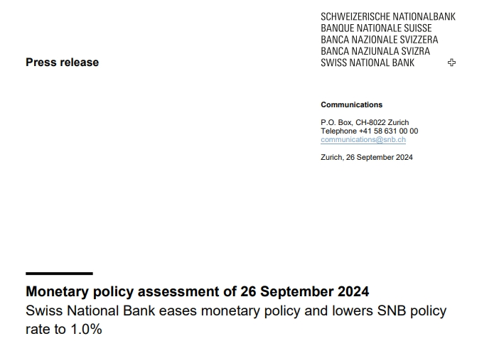 瑞士央行降息25基点 鸽派措辞强烈