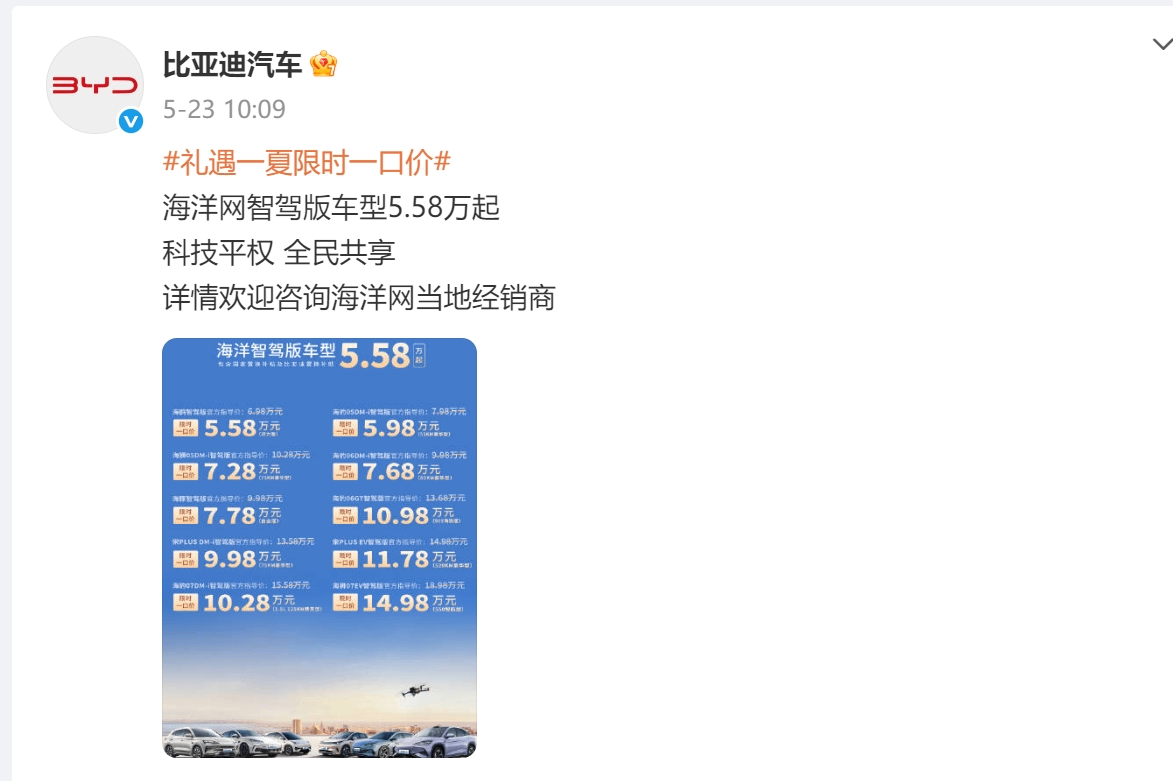 比亚迪宣布“史上最强”促销 或引爆车企血战 股价狂跌